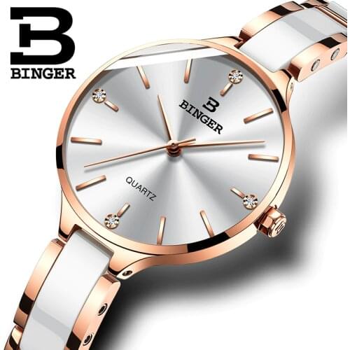 Genuine Switzerland BINGER Brand Women quartz watches steel strap with ceramic fashion casual waterproof female dress tables