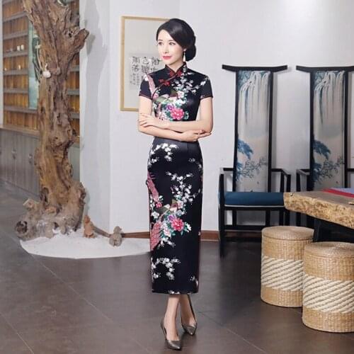 Women Ordinary Qipao Satin Cheongsam Chinese Traditional Dress Short Sleeve Faux Silk long Chinese Dress Chinese Wedding Dress