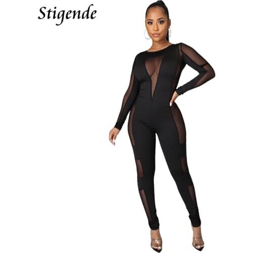 Stigende Women Long Sleeve Mesh Patchwork Jumpsuit Sexy See Through Party Overall Elegant Black One Piece Pants Pencil Trousers