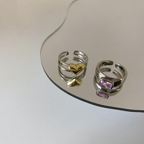Origin Summer Minimalist Double-Layer Contrast Color Love Heart Ring for Women Girls Cubic Zircon Open Adjustable Ring Jewelry