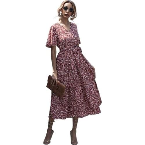 Summer Womens Dress 2021 Floral Print V Neck Bandage Short Sleeve Ruffle Folds Casual Dress Boho Streetwear Party Dresses Woman