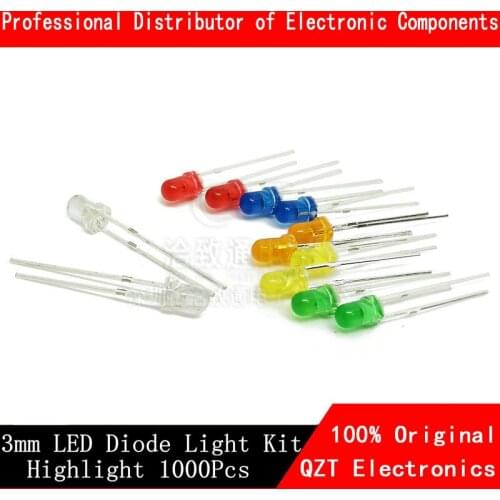 1000pcs 3mm LED Light Emitting Diode Kit Warm white Red Blue Green UV Orange Yellow Pink Color Bulb Lamp Set 3V PCB Assortment