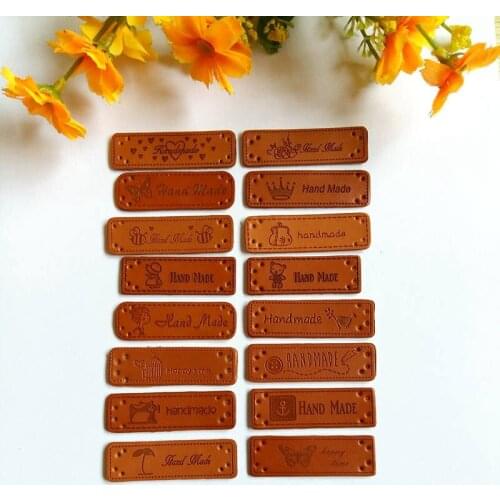 20PCs Fashion English "Hand Made" Labels PU Leather Tags On Clothes for Garment Labels For Jeans Bags Shoes Sewing Accessories
