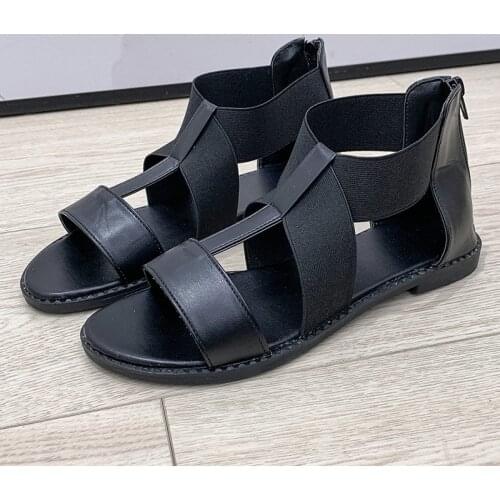 2020 Summer Gladiator Sandals T Strap Flat Sandal Women Casual Shoes Back Zipper Beach Shoes Black sandalias zapatos mujer 8108G
