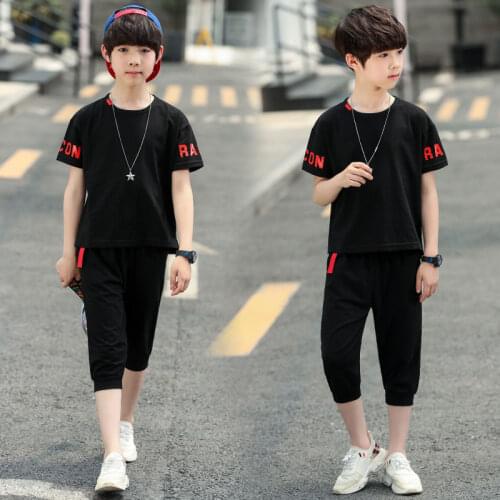 2021 new Boys Clothes Sport Suit Letter T-shirts + Black Shorts 2PCS For Boy Teenage Children Kids Clothing 4 6 8 10 12 13 Years