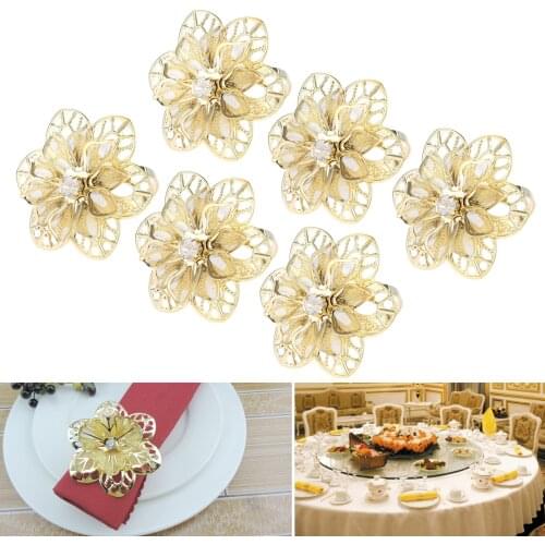 6Pcs Alloy Napkin Rings Hotel Party Table Dinner Serviette Buckle Holder Gold Hollow Flower Exquisite Wedding Banquet Decoration