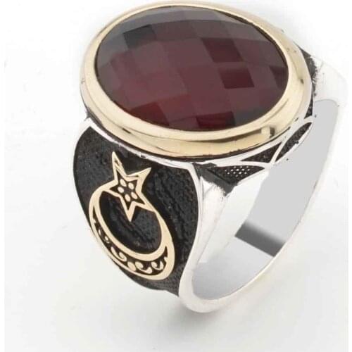 925 Sterling Silver Ring for Men with Red Zircon Stone and Moon Star Design