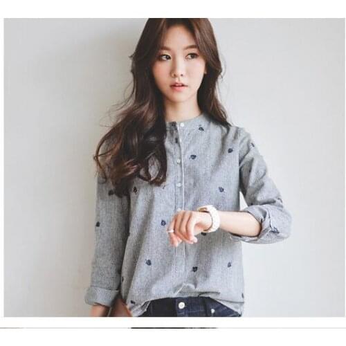 50pcs/lot korean style woman spring autumn embbroidery leaf blouse female casaul stand cotton full blouse
