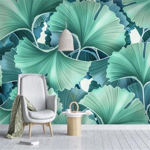 Milofi custom large wallpaper mural Nordic small fresh rural hand-painted green ginkgo leaf living room background wall