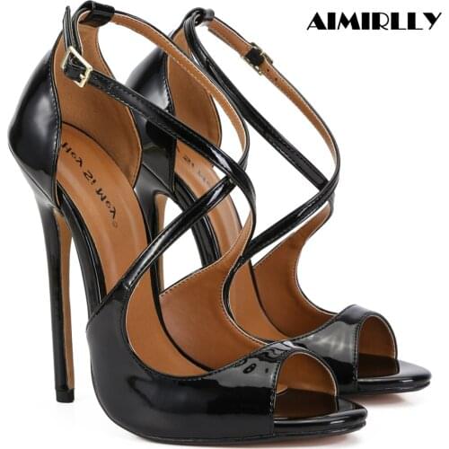 Womens Shoes Peep Toe High Heels Sandals Cross Strap Fashion Ladies Summer Footwear Cover Heels Patent Leather Black Red