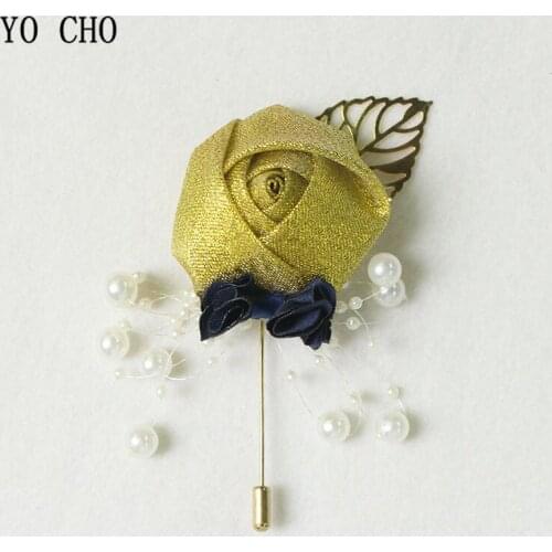 YO CHO Wedding Boutonniere Prom Corsage Ceremony Flower Men Brooch Pins White Wedding Boutonniere Groom Buttonhole Ribbon Flower