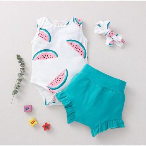 Citgeett Summer Infant Baby Girls Clothes SleevelessWatermelon Jumpsuit Ruffles Short Headband Casual Set