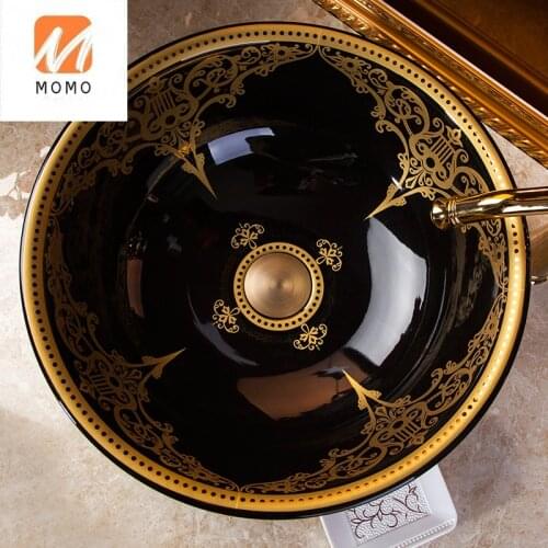 Round Jingdezhen Ceramic Sanitary Ware Art Hand Painted Black with Gold Pattern Ceramic Wash Basin Bathroom Sink