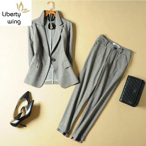 Fashion Office Ladies Plaid Suit Slim Fit Spring New 2pcs Blazer Pants Suits Vintage Business Work Outfits Set Ensemble Femme