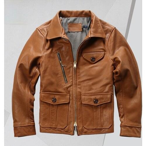 American Casual Newsboy Genuine Leather Clothes Mens Factory Direct Sales Lapel Multi-Pocket Short Goat Leather Jacket