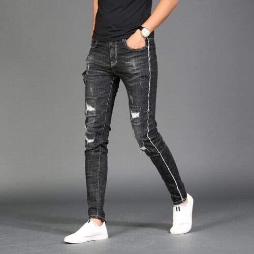 Men Black Stretch Ripped Jeans Side Stripe Straight Slim Fit Pants Fashion Streetwear Rough Selvedge Denim Trousers