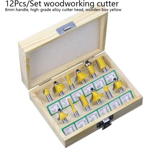12pcs Milling Cutter Router Bit Set 8mm Yellow Wood Cutter Carbide Shank Mill Woodworking Trimming Engraving Cutting Tools