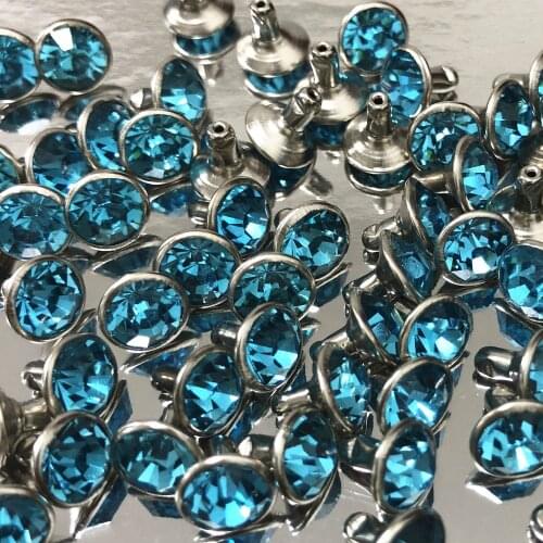 New 8MM 50 Sets CZ++ Aquamarine Blue Crystal Rivets Silver Plated Spots Studs Double Cap for DIY Leather-Craft Making