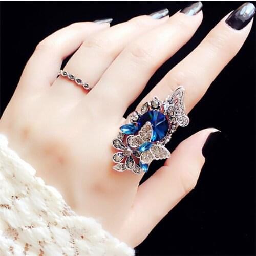 Wholesale Gold Color Party Jewelry Rings Elegant Fashion Crystal Butterfly Shape Wedding Rings For Women 2019