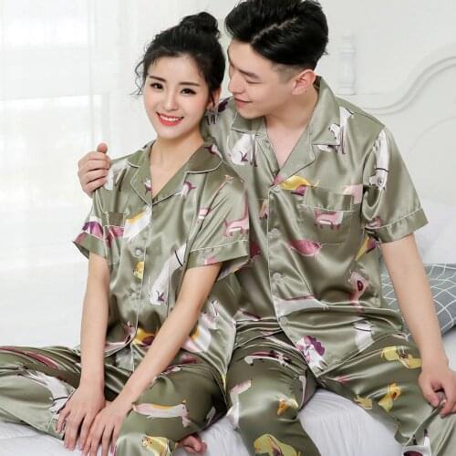 Short Sleeve Tops Pants Mens Pajamas Men Sleepwear New Couple Snight Pijamas Silk Pajamas Men Nightwear His and Hers Clothes