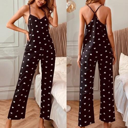 2021 Pyjamas Women Fashion Black White Heart Printing Pajama Set Sling Top Wide Leg Pants Sexy Lingerie Women Sleepwear Summer
