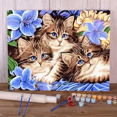Flower Cats Animal Painting By Numbers Set Oil Paints 50*70 Canvas Pictures Home Decoration Kids Wall Art Drawing