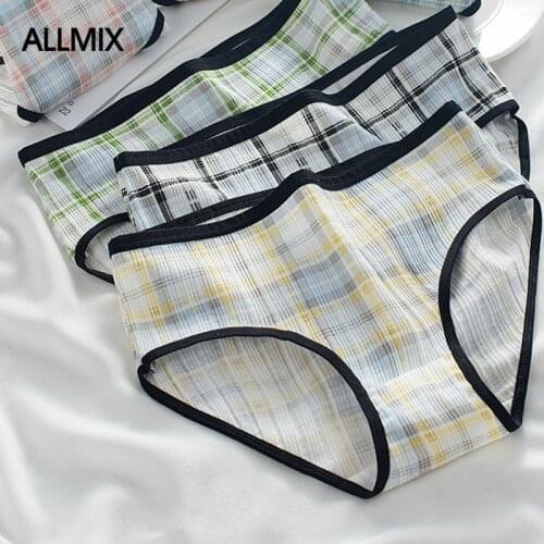 ALLMIX 2021 Cute Plaid Womens Cotton Sport Panties Underwear Seamless Briefs Mid Waist Female Comfort breathable Lady Lingerie