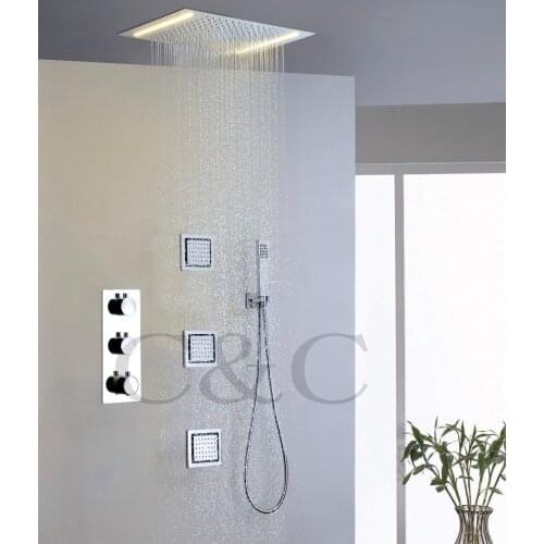 Thermostatic Bathroom Rainfall Shower Set 100V~240V Alternating Current LED Yellow Lamps Rainfall Shower Head