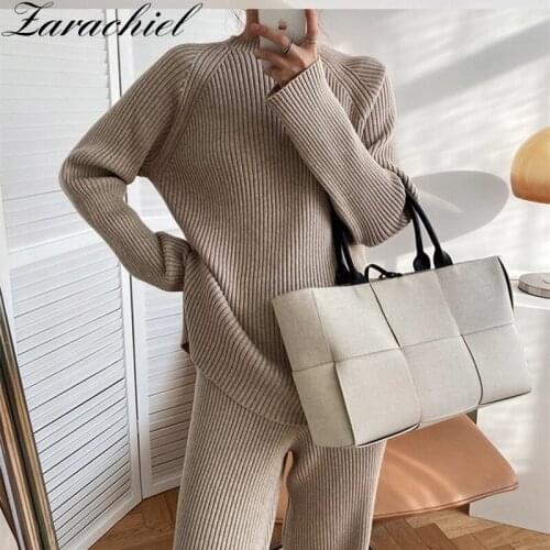 2021 Autumn Winter Vertival Knitted Suits Vintage Side Split Sweater Tracksuits Jumper + Wide Leg Pants Trouser Two Piece Set