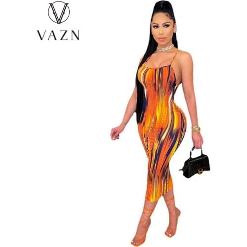 VAZN 2021 Top Quality Long Dress Hollow Out Bandage Cross Sexy Halter Off Shoulder High Waist Womens Thin Midi Dress