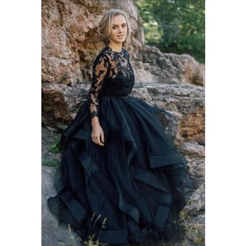 Vintage Puffy Black A Line Tulle Lace Wedding Dress Vestidos de Novia 2020 Appliques Bride Illusion Long Sleeve Bridal Gowns