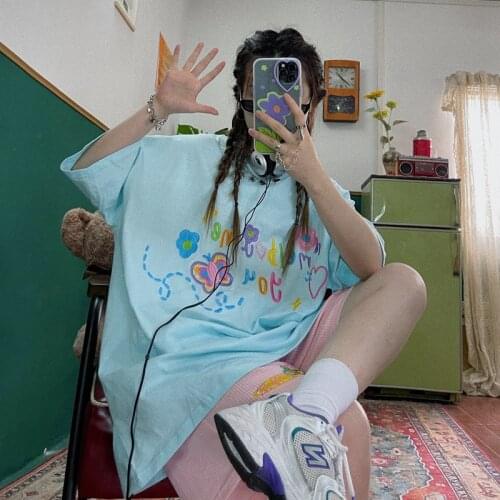 Homemade graffiti Butterfly Embroidery T-shirts short sleeve 2021 summer new loose letter round neck half sleeve female tees