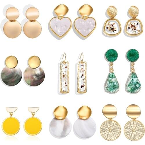 2021 New Bohemian Punk Retro Gothic Metal Ladies Geometric Sequins Shell Resin Round Drop Earrings Fashion Tortoise Jewelry