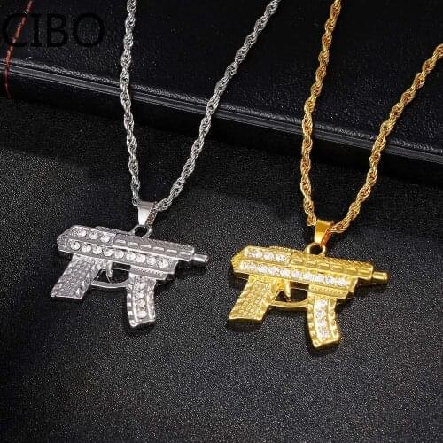 2019 New AK47 Revolver Uzi Gun Pendant Necklaces Women Men Hip Hop Jewelry Steampunk Rhinestone Gold Long Chain Necklace