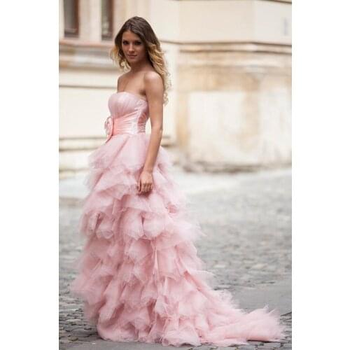 New Arrival Pink Wedding Dresses Tiers Strapless Hand Made Flower vestidos de novia Ruffled Organza Bridal Gowns