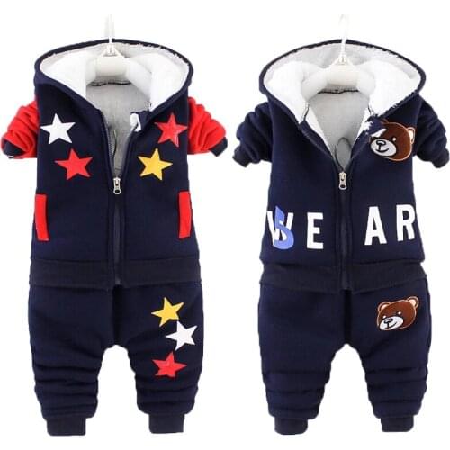 1 2 3 4 Years Winter Baby Boys Clothing Set Cartoon Bear Keep Warm Thicken Hooded Zipper Jacket And Pant Girl Suit Kids Clothes