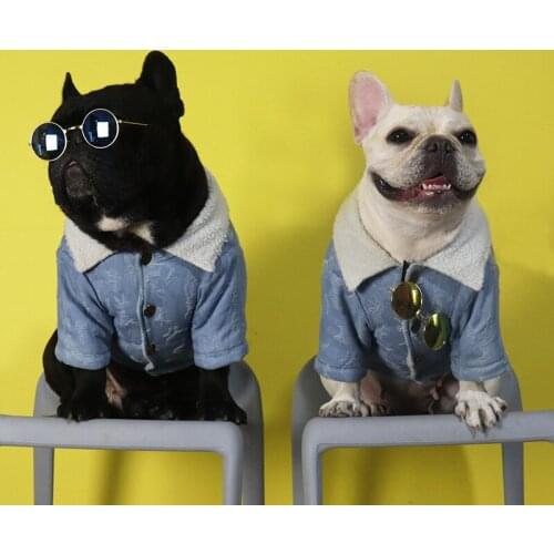 Winter Warm Denim Jacket for French Bulldog Dog Clothes for Small Dogs Chihuahua Thick Coat Jeans Outfit for Puppy Pet Costume