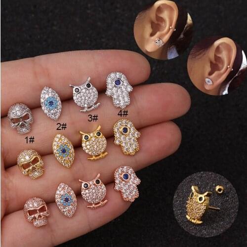 1Piece Cartoon Piercing Stud Earrings for Women 2020 Trend Diameter 0.8mm Owl Jellyfish Inlaid Zircon Earrings Jewelry Wholesale