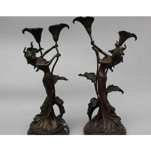 15"Western Art sculpture Bronze Marble Belle Women Girl Candlestick candler Pair