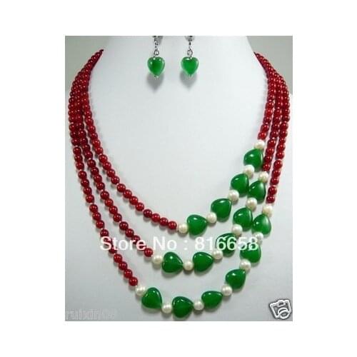 3Rows 6mm Red Coral& Green Jade Necklace Earring