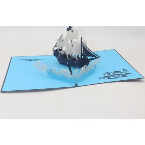 3D Handmade Blue Cover White Blue Boat Sailing Ship and Sea Wave Paper Greeting Cards PostCard Birthday Bussiness Creative Gift