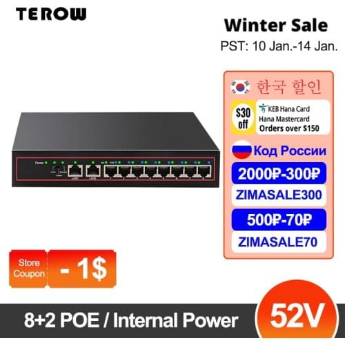 8+2 Port POE Ethernet Switch with Internal Power 52V VLAN 10/100Mbps IEEE 802.3af/at Network Switch for CCTV IP Camera Wireless