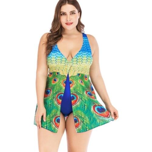 One Piece Swimsuit Womens Plus Size Vintage Peacock Print Swim Skirt Push Up Swimwear Female Bathing Suit Beachwear XXXL 4XL