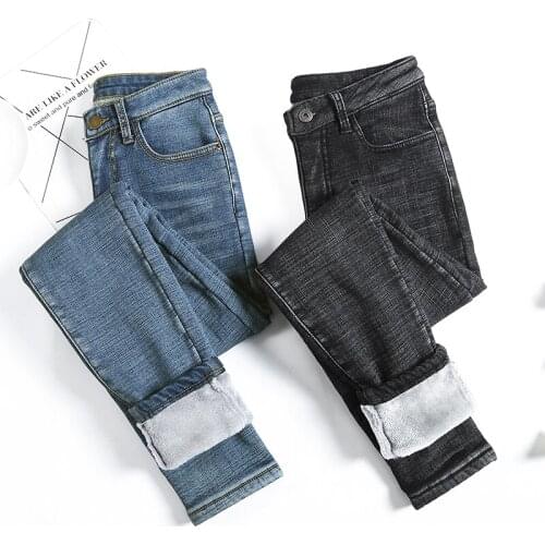 Winter High Waist Jeans Fleece Lined For Women Winter Push Up Pants Stretchy with Velvet Blue & Gray Denim Pants Autumn Slim