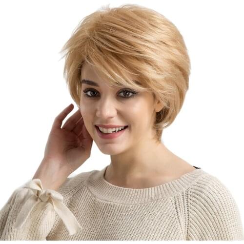 Elegant Women Short 100% Human Hair Wigs with Cap Set Resistant Gold