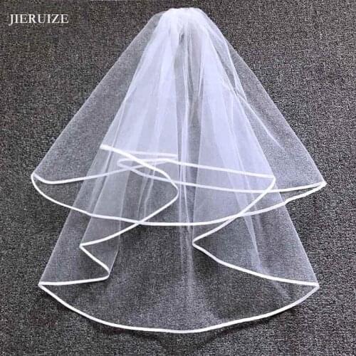 JIERUIZE Ribbon Edge Cheap Wedding Veils With Comb two layers Simple Short Bridal Veil Wedding Accessories