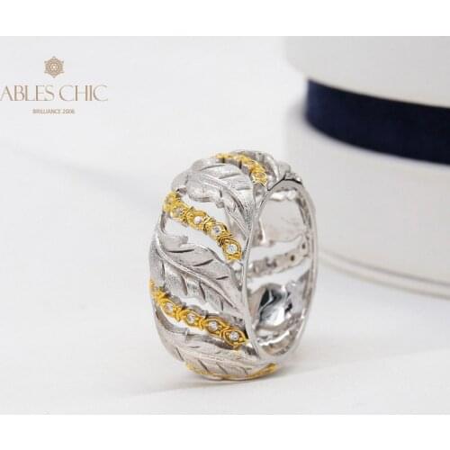18K Gold Tone Creative Leaves of Life Cocktail Ring 925 Silver CZ Embelishment Gardenia Nature Bridal Band Quality Fine Jewelry