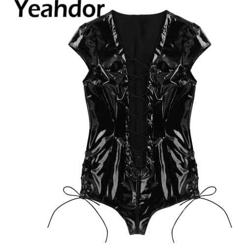 Women Sexy Wet Look Patent Leather Clubwear Hollow Out Bodysuit Deep V Plunging Lace-up Zipper Crotch Leotard Strapped Jumpsuit