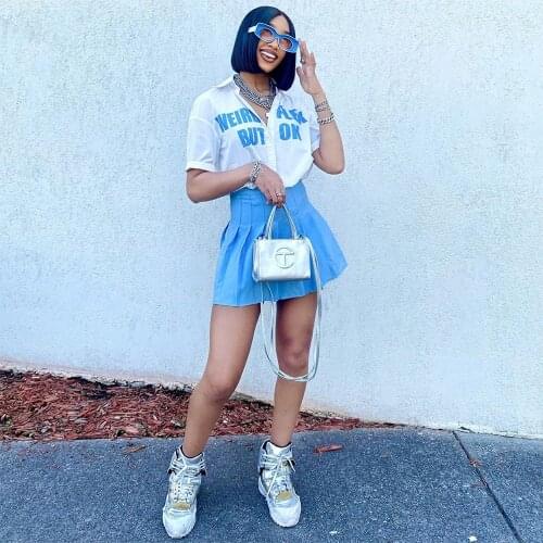 Preppy Styie School Student Two Piece Skirt Set Womens Suit Letter Print Basic Blouse Shirt and Pleated Mini Skirt Cute Outfit