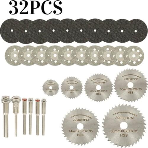 32pcs HSS Mini Circular Saw Blade Set Resin Cut-Off Wood Cutting Disc Diamond Metal Saw Bladeser Power Tools for Dremel Drill